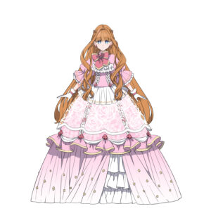金髪ロングのかわいらしい少女。ピンクのドレスを身にまとっている。宝石ちりばめられてる。
